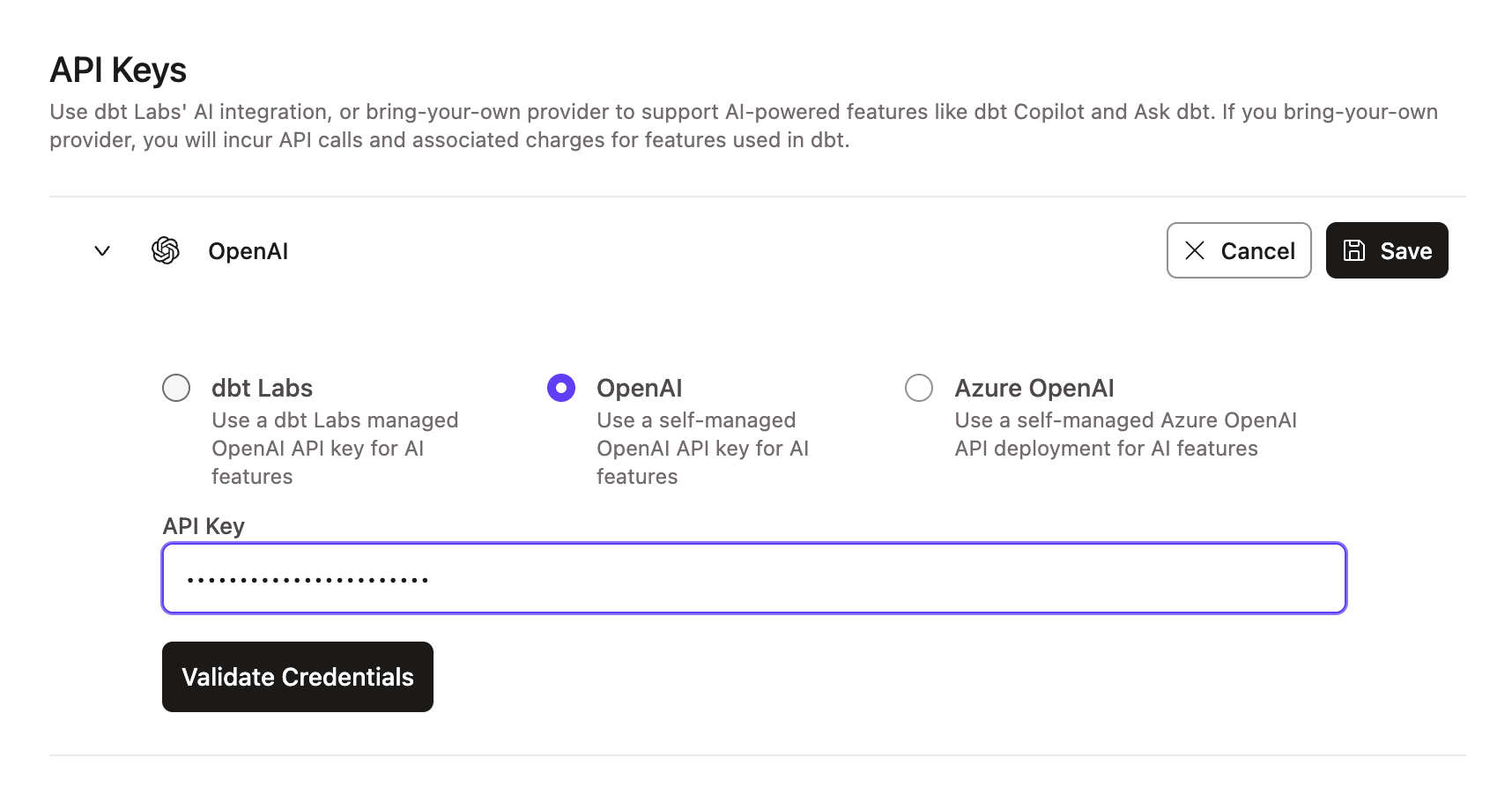 Example of the OpenAI integration page