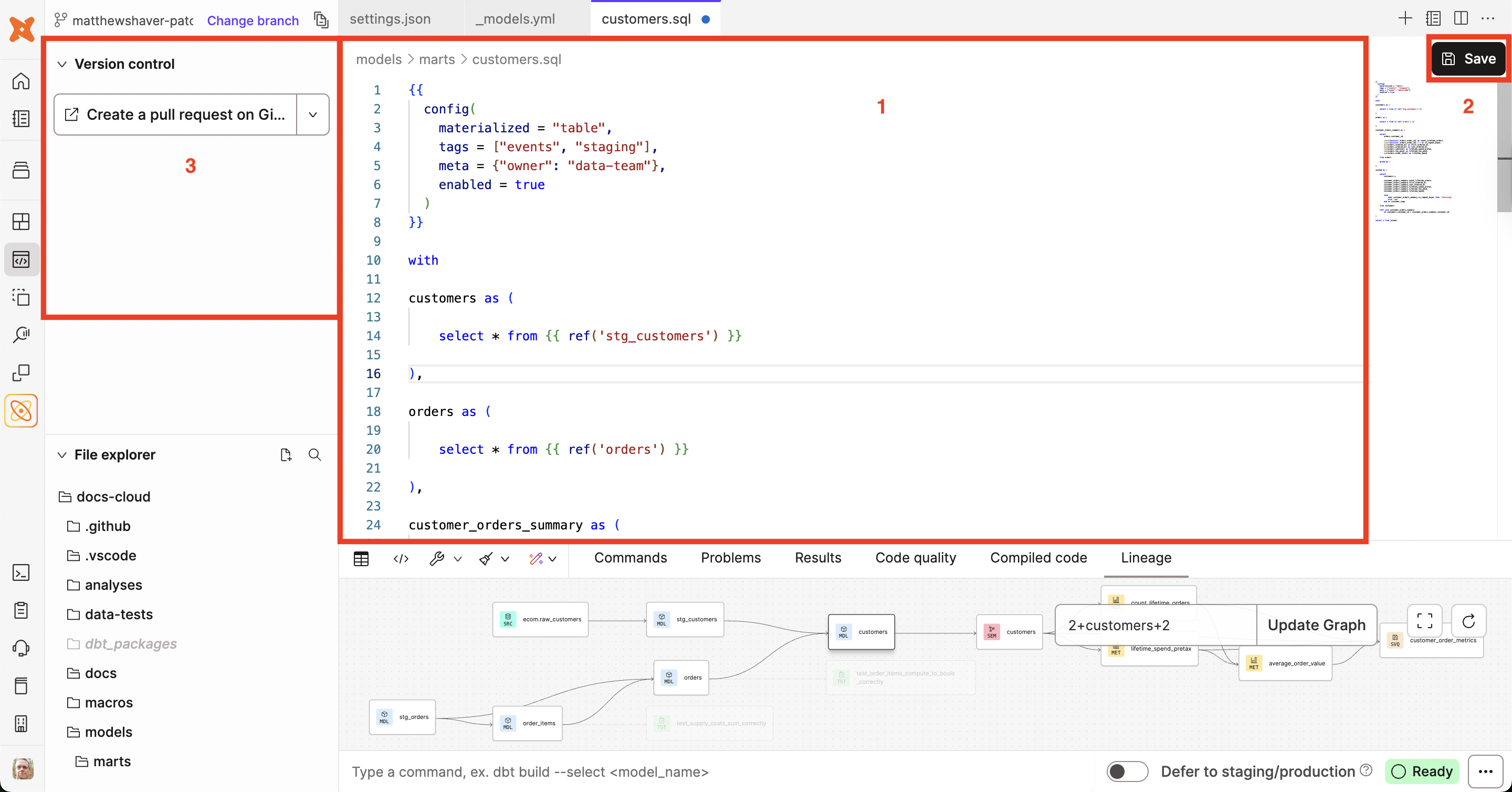 Use the file editor, version control section, and save button during your development workflow